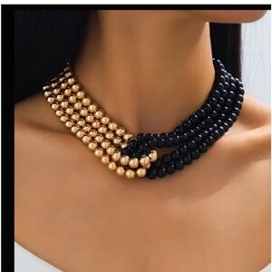 French Style Beaded Multi Layered Black & Gold Necklace
